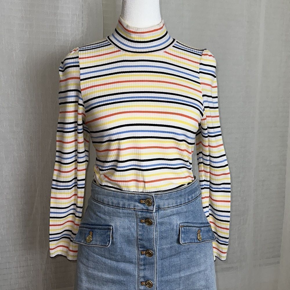 Free People Striped Mock Neck Long Sleeve Top in White, Yellow, Pink, Navy